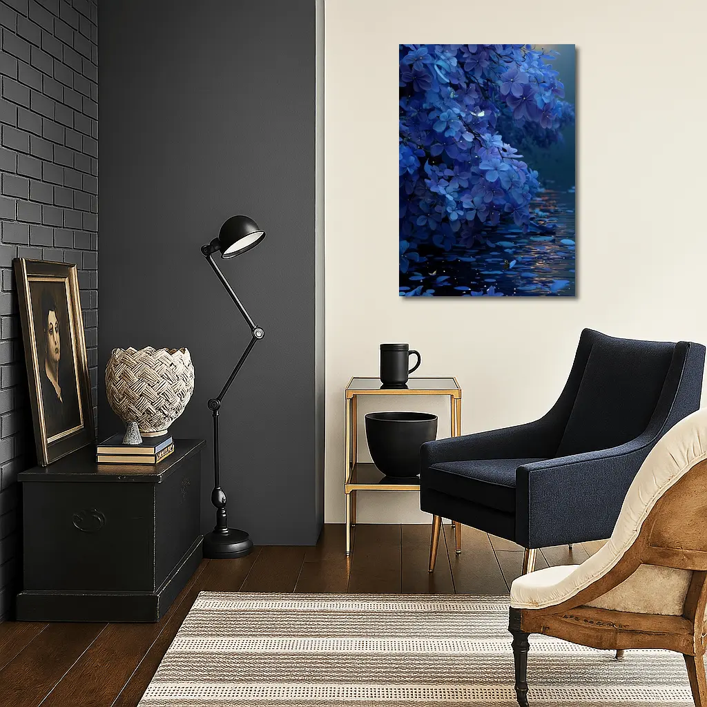 Blue Flowers Over Moonlit Water Night – Wall Art