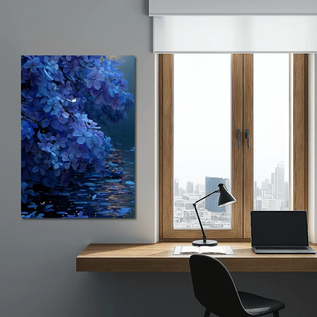 Blue Flowers Over Moonlit Water Night – Wall Art