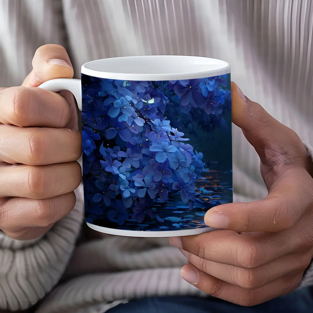 Blue Flowers Over Moonlit Water Night – Mugs