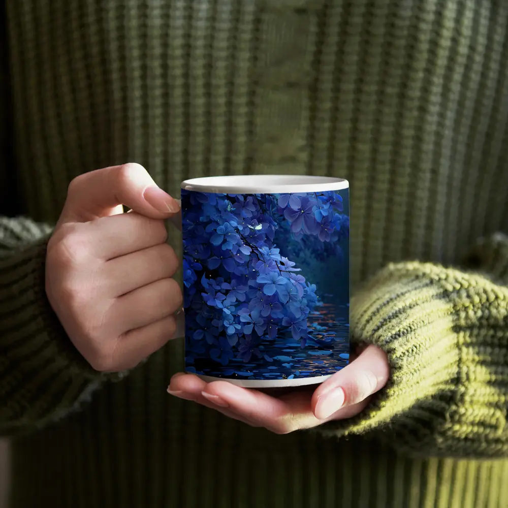 Blue Flowers Over Moonlit Water Night – Mugs
