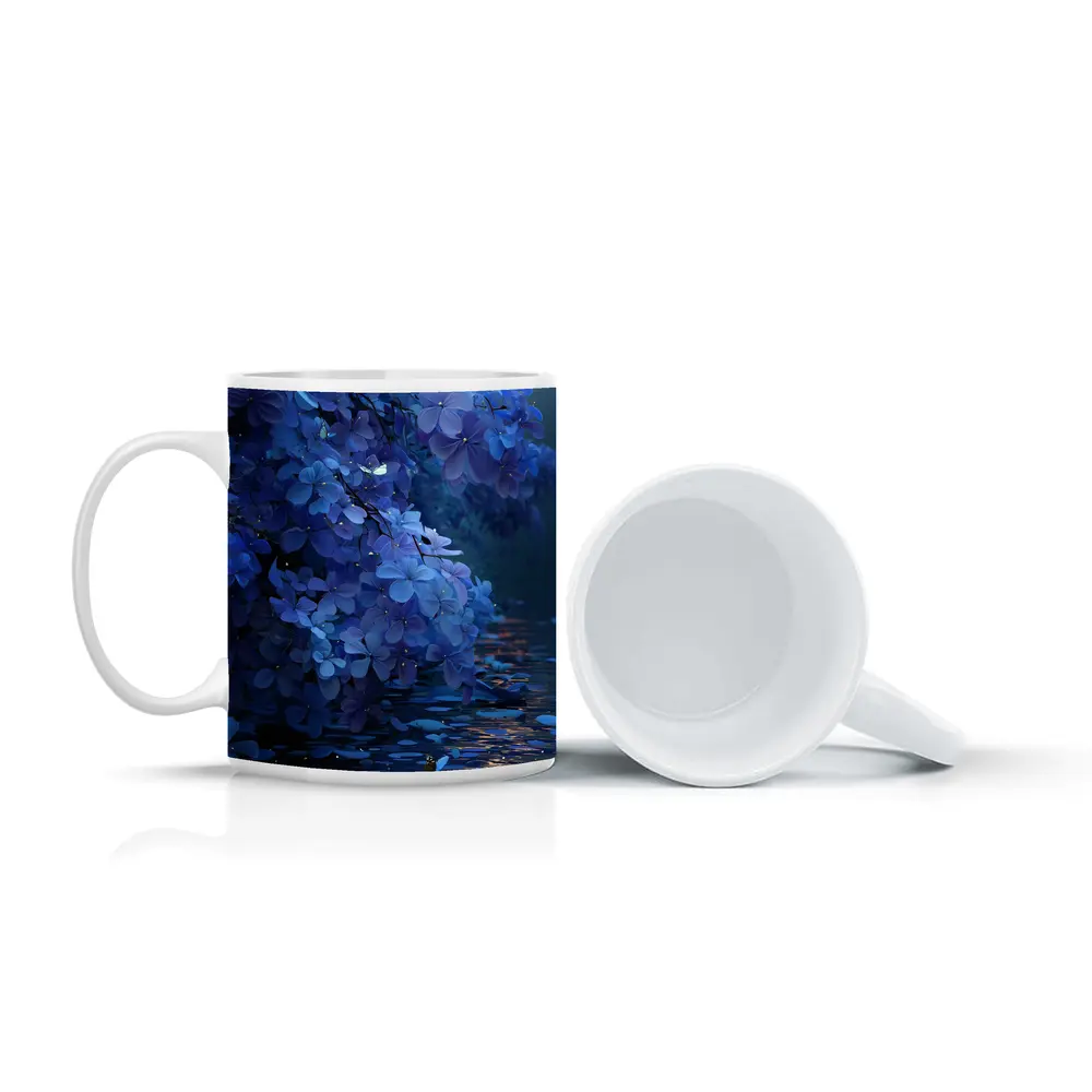 Blue Flowers Over Moonlit Water Night – Mugs