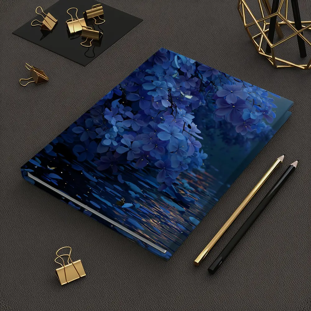 Blue Flowers Over Moonlit Water Night – Notebooks