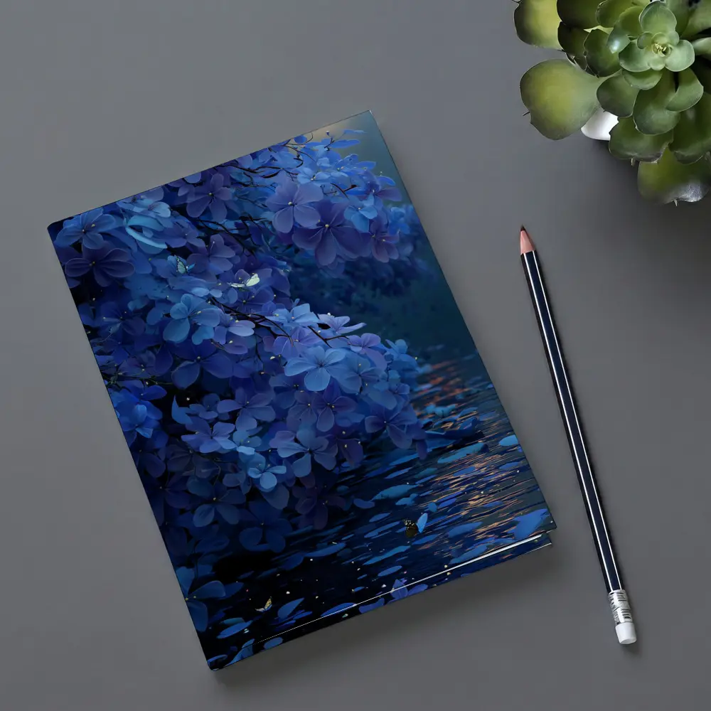 Blue Flowers Over Moonlit Water Night – Notebooks