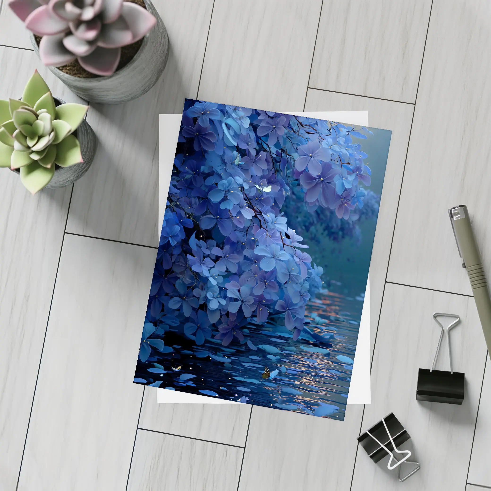 Blue Flowers Over Moonlit Water Night – Postcards