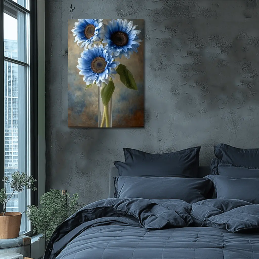 Blue Sunflowers in Glass Vase Painting – Wall Art