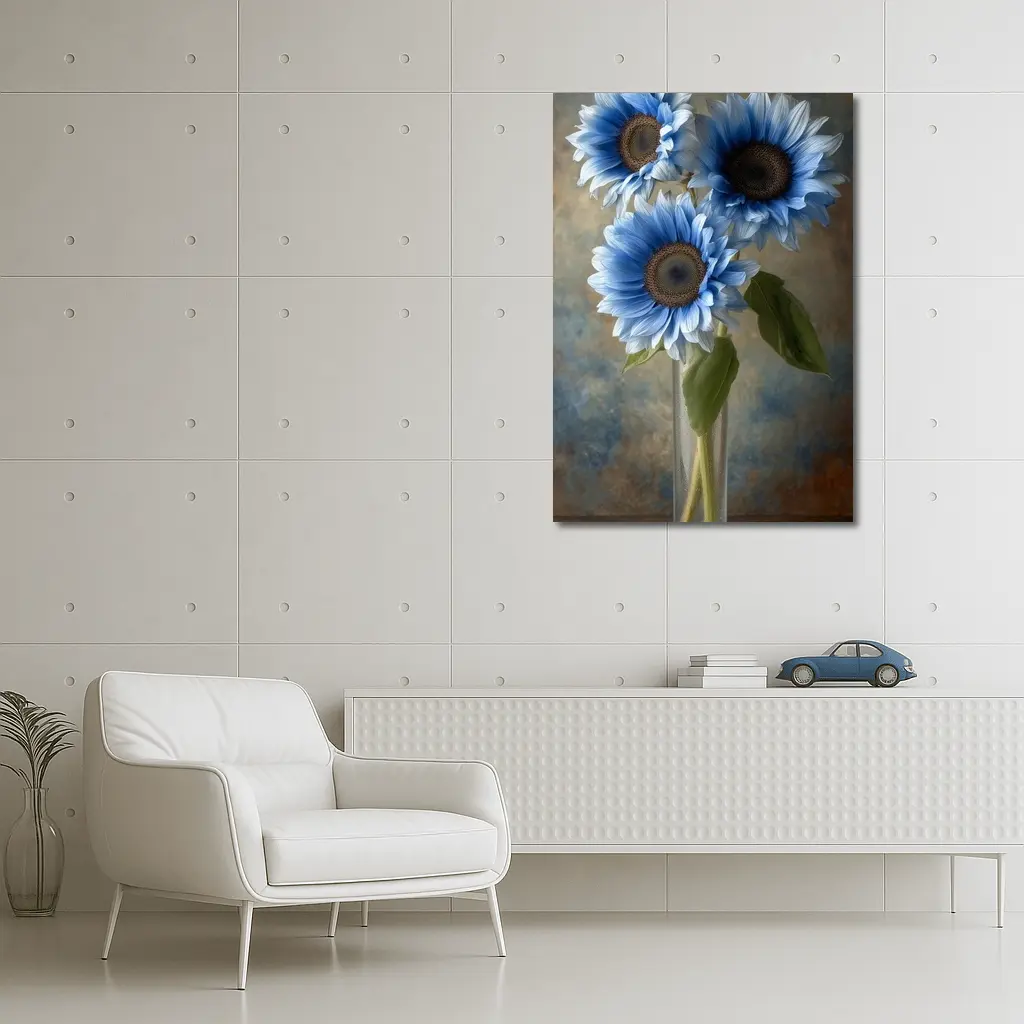 Blue Sunflowers in Glass Vase Painting – Wall Art