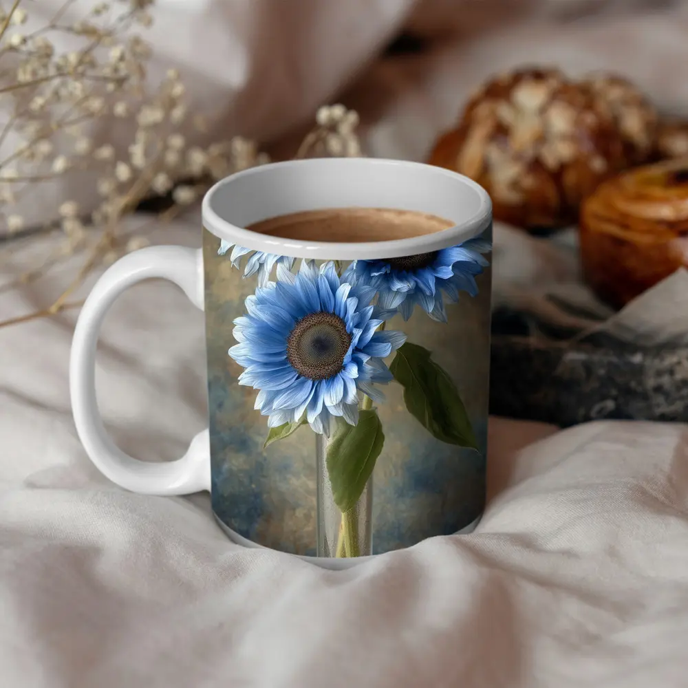 Blue Sunflowers in Glass Vase Painting – Mugs