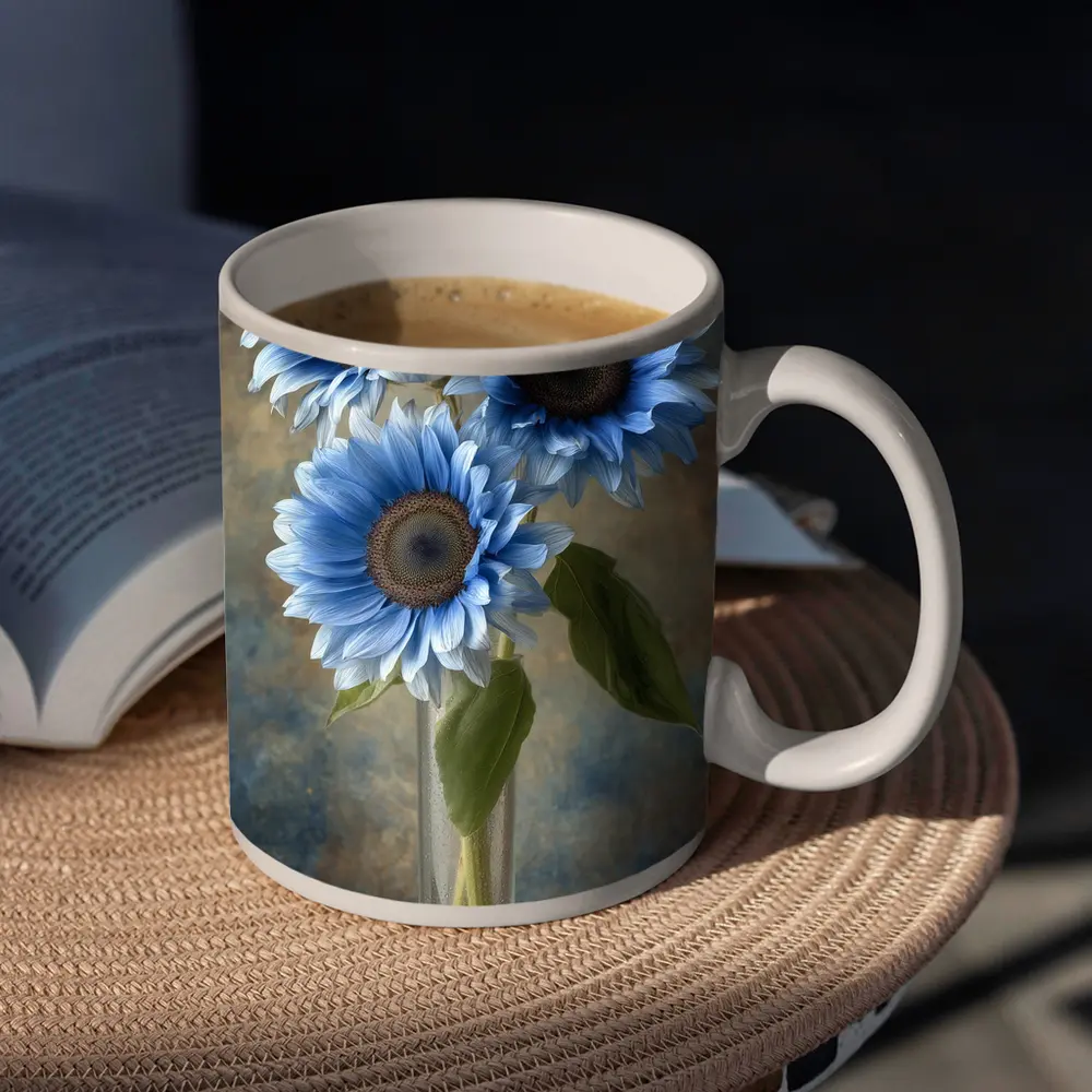 Blue Sunflowers in Glass Vase Painting – Mugs