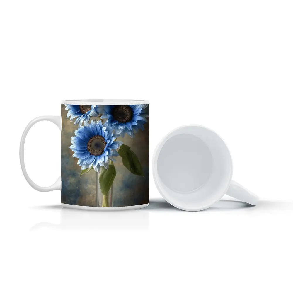 Blue Sunflowers in Glass Vase Painting – Mugs
