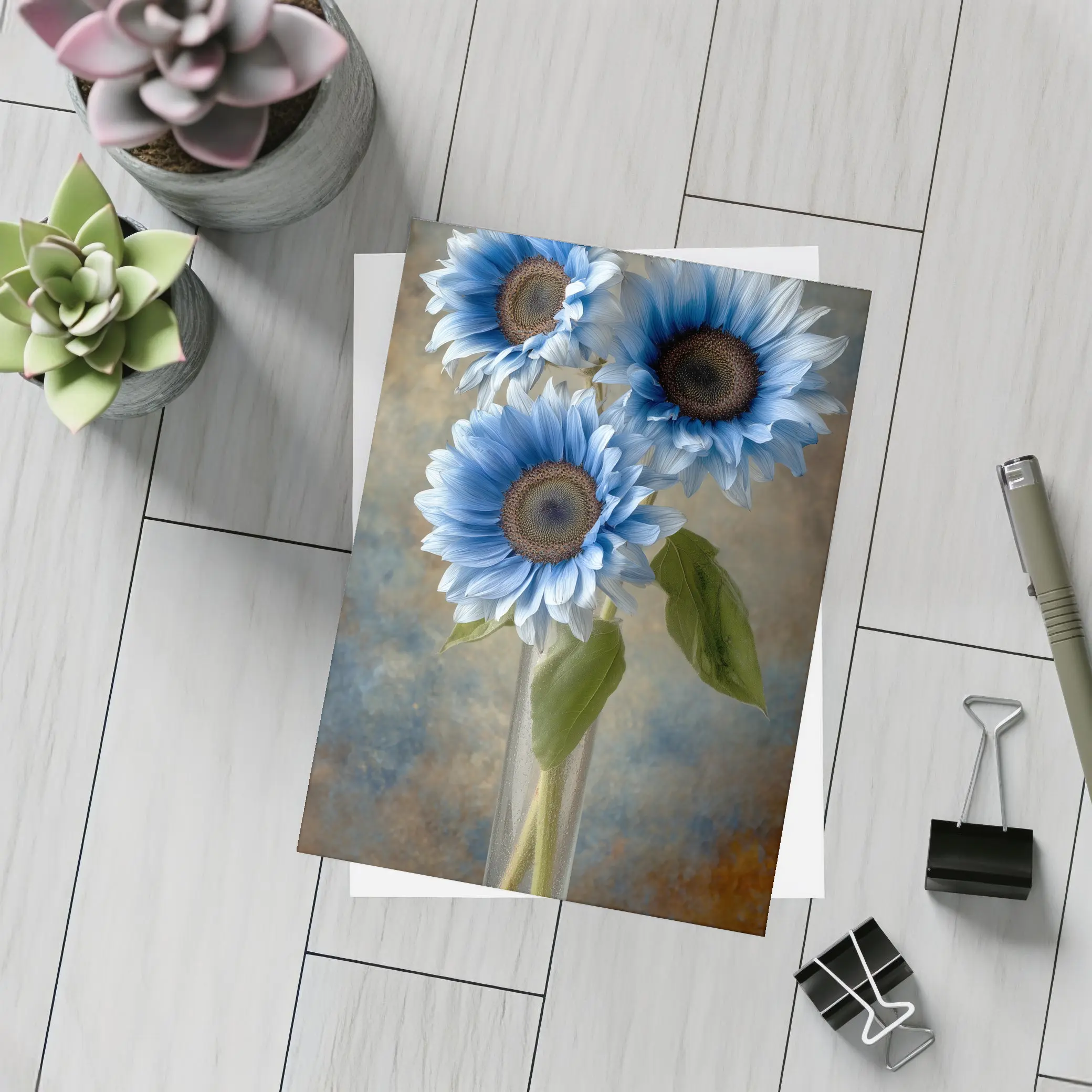 Blue Sunflowers in Glass Vase Painting – Postcards