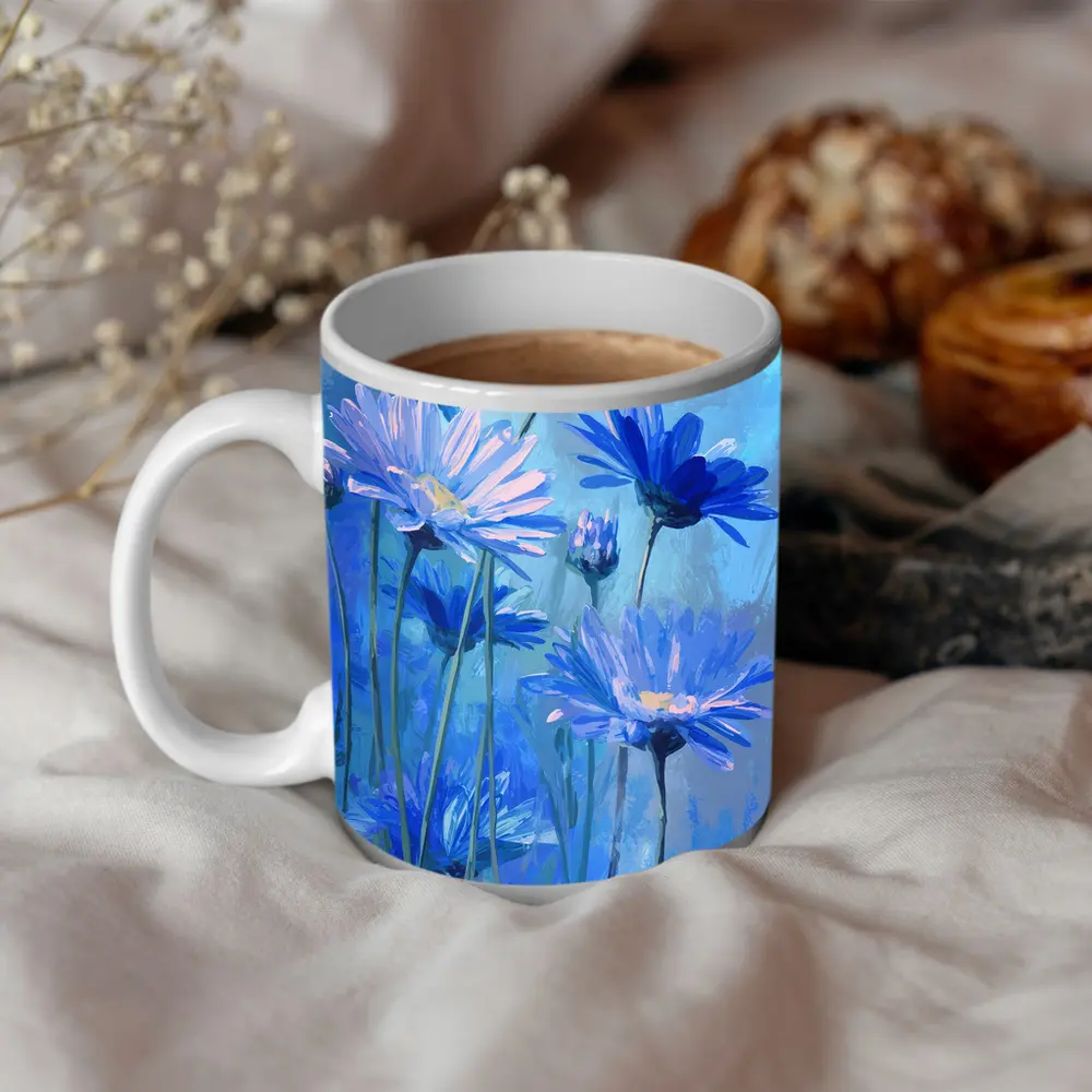 Blue Daisy Flowers Oil Painting Art – Mugs
