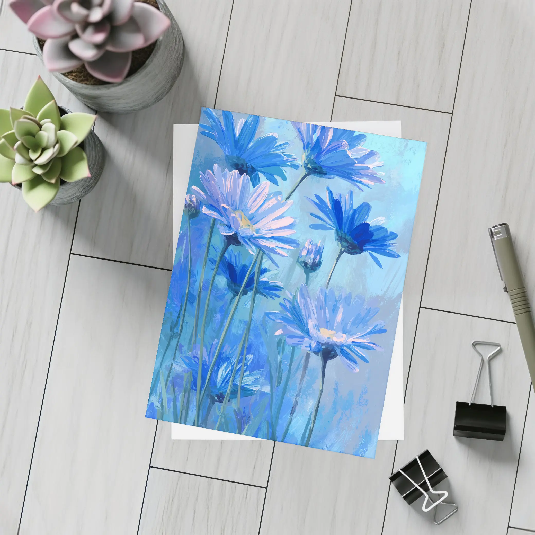 Blue Daisy Flowers Oil Painting Art – Postcards
