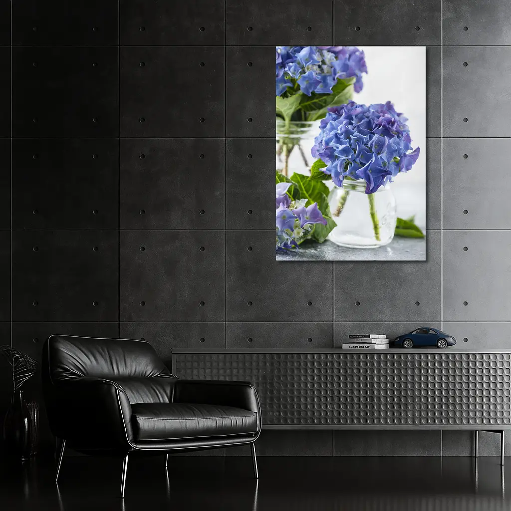 Blue Hydrangea Flowers In Glass Jars – Wall Art