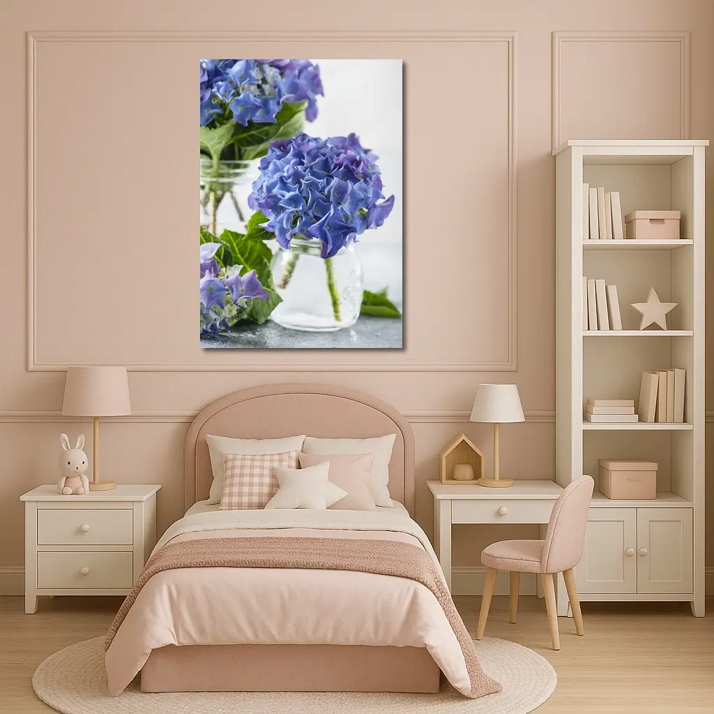 Blue Hydrangea Flowers In Glass Jars – Wall Art