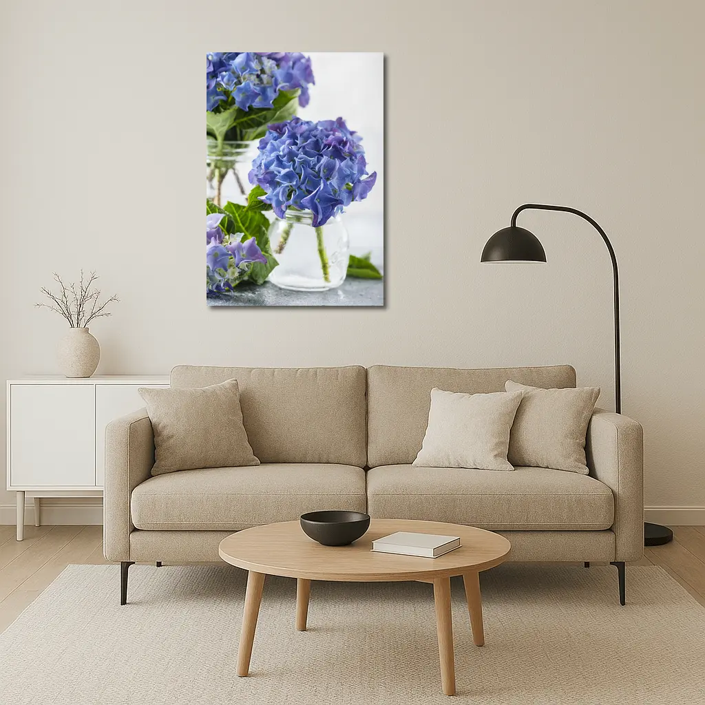 Blue Hydrangea Flowers In Glass Jars – Wall Art