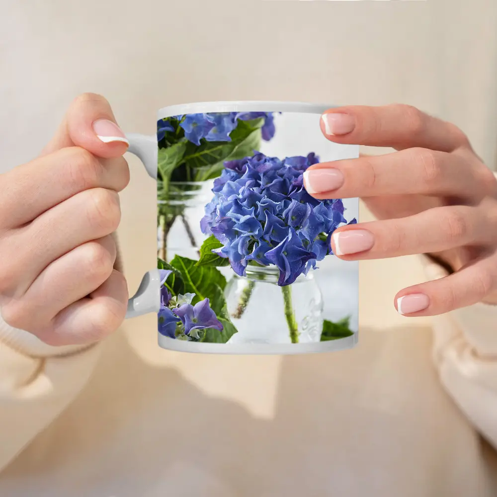 Blue Hydrangea Flowers In Glass Jars – Mugs