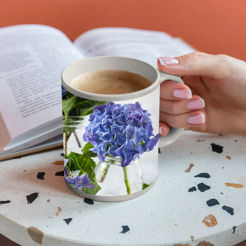 Blue Hydrangea Flowers In Glass Jars – Mugs