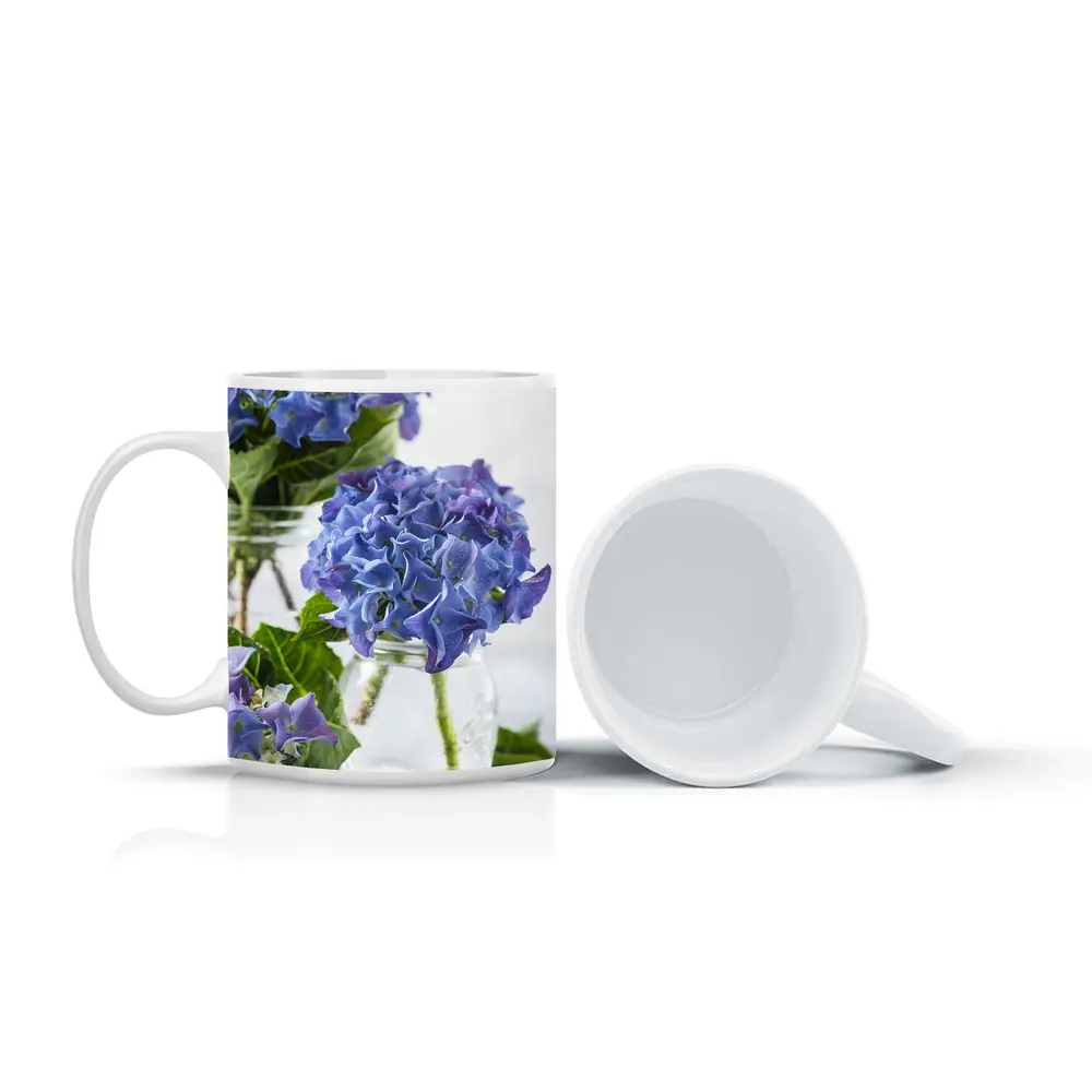 Blue Hydrangea Flowers In Glass Jars – Mugs