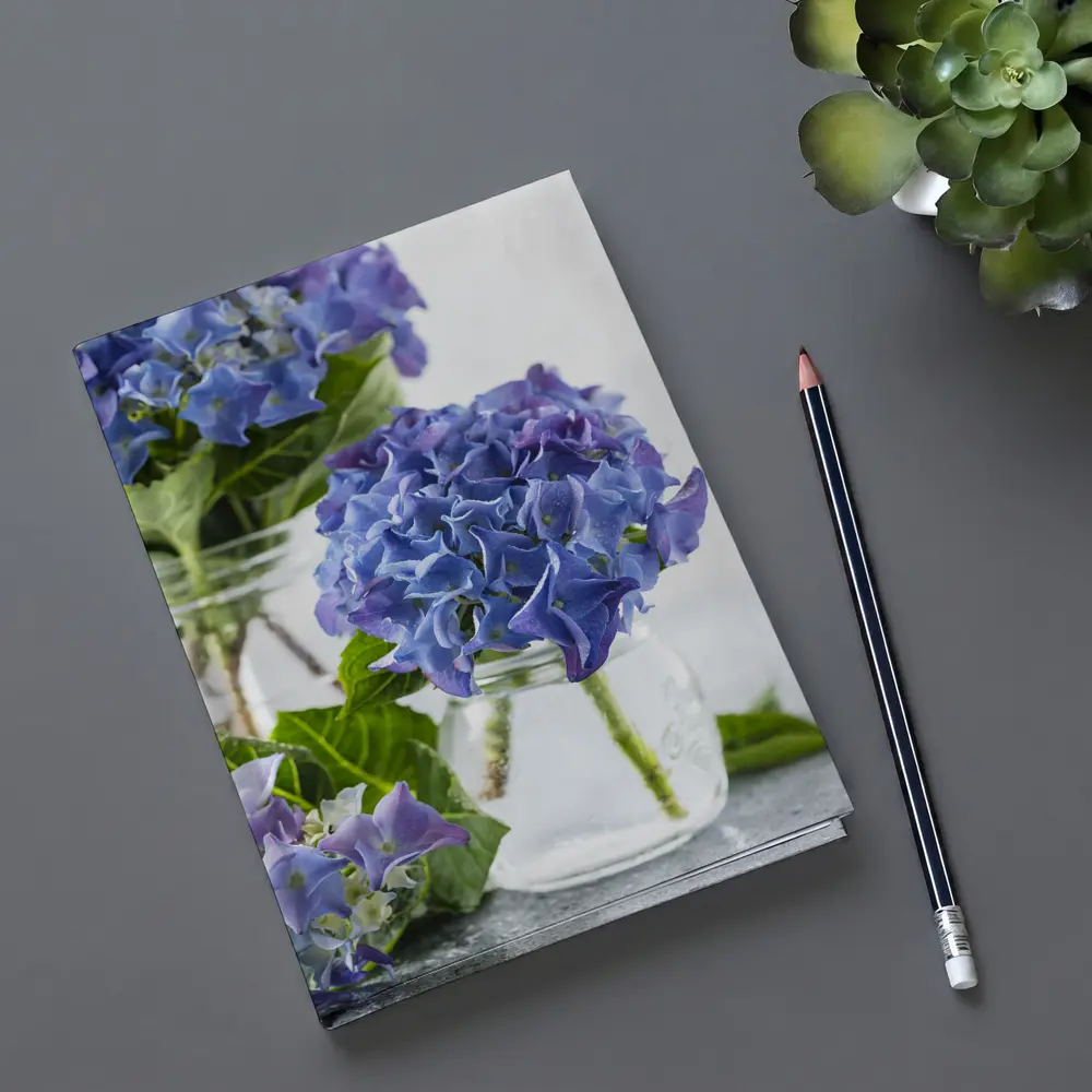 Blue Hydrangea Flowers In Glass Jars – Notebooks