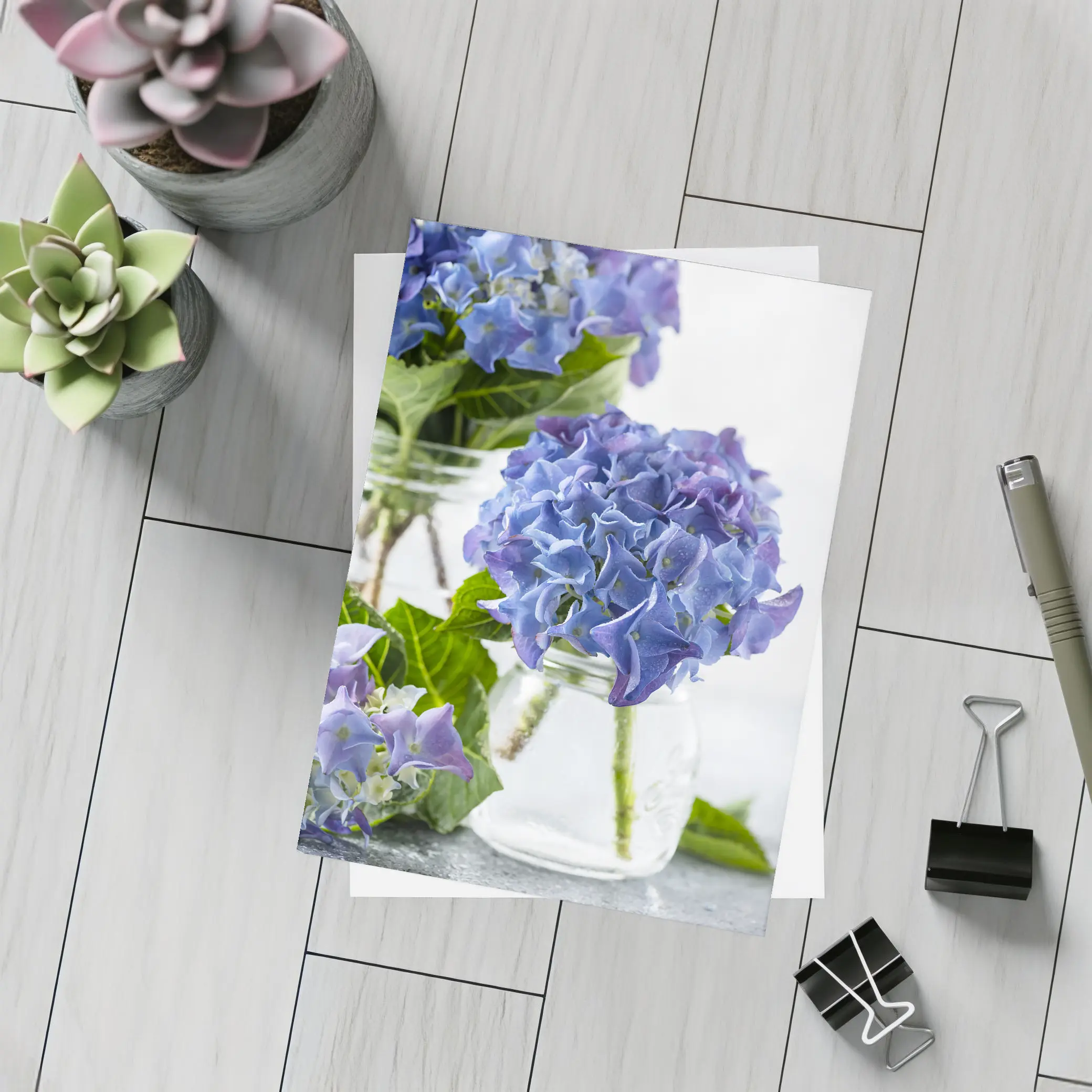 Blue Hydrangea Flowers In Glass Jars – Postcards