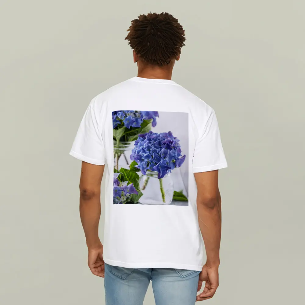 Blue Hydrangea Flowers In Glass Jars – T-Shirts