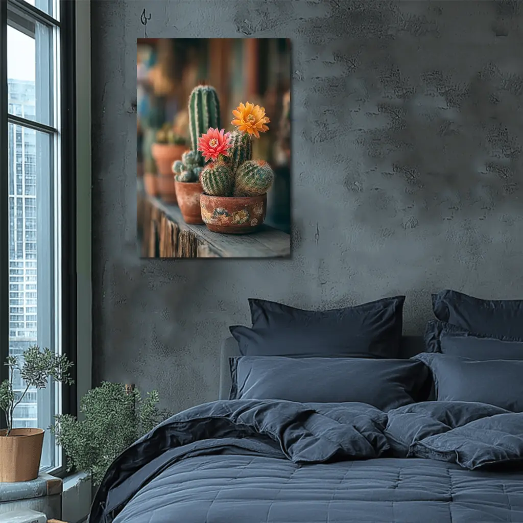 Blooming Cacti in Terracotta Pots Shelf – Wall Art
