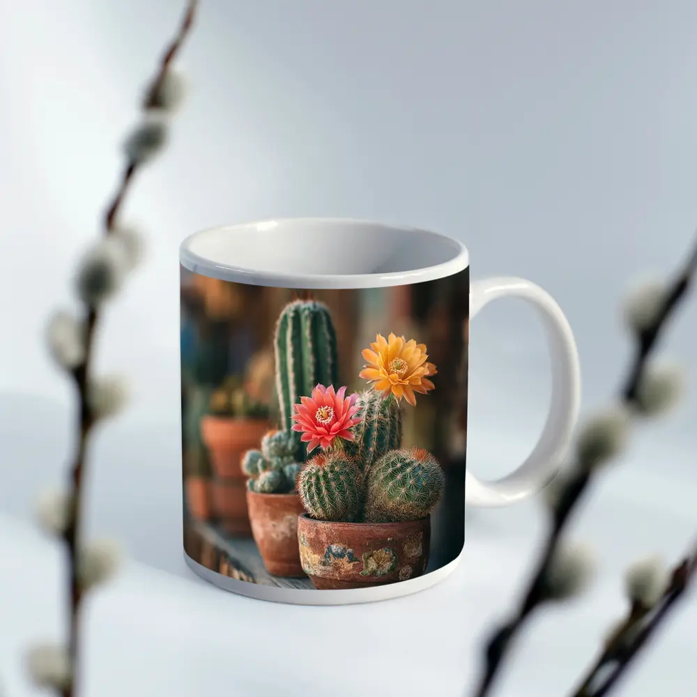 Blooming Cacti in Terracotta Pots Shelf – Mugs