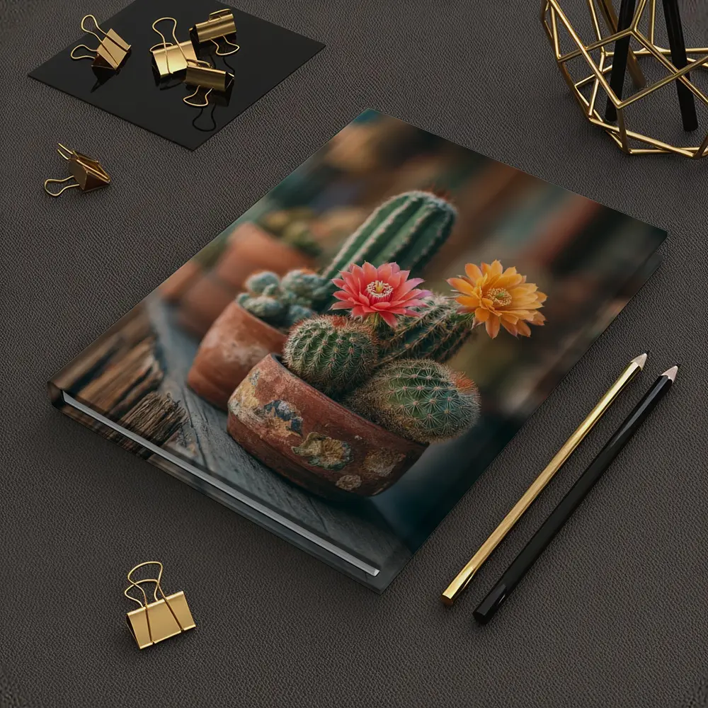 Blooming Cacti in Terracotta Pots Shelf – Notebooks