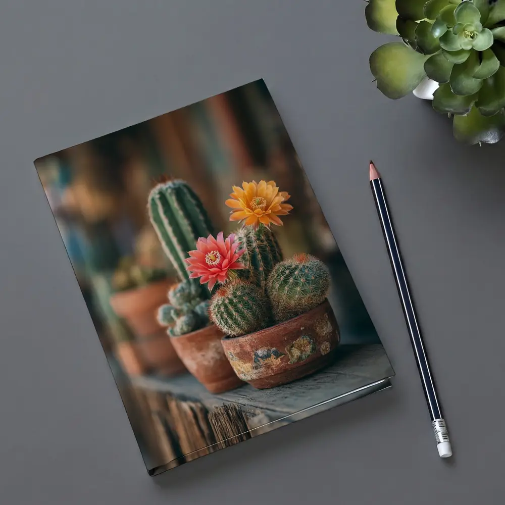 Blooming Cacti in Terracotta Pots Shelf – Notebooks