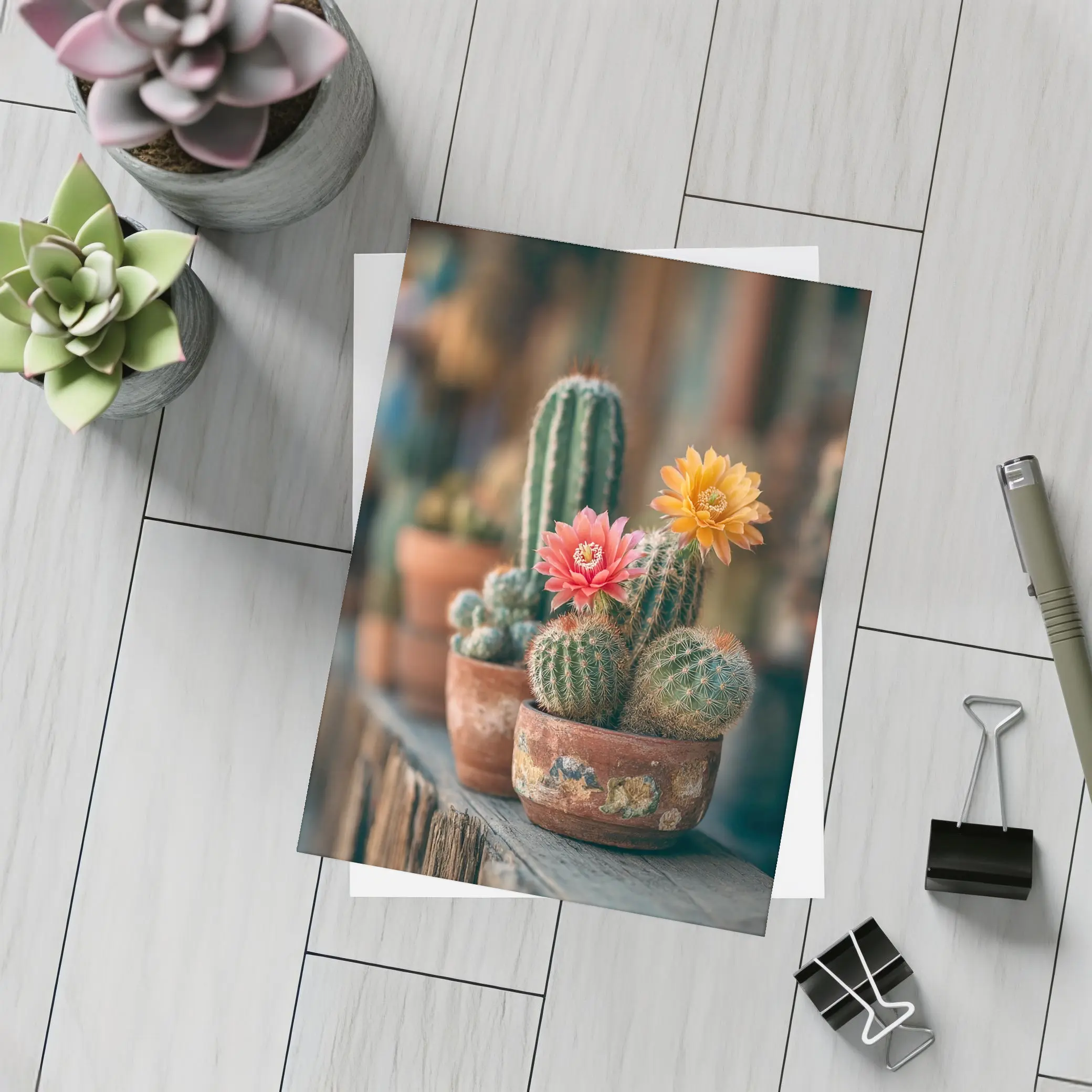 Blooming Cacti in Terracotta Pots Shelf – Postcards