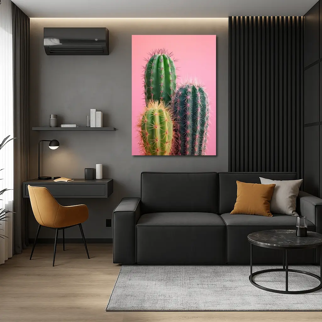 Three Green Cacti on Pink Background – Wall Art