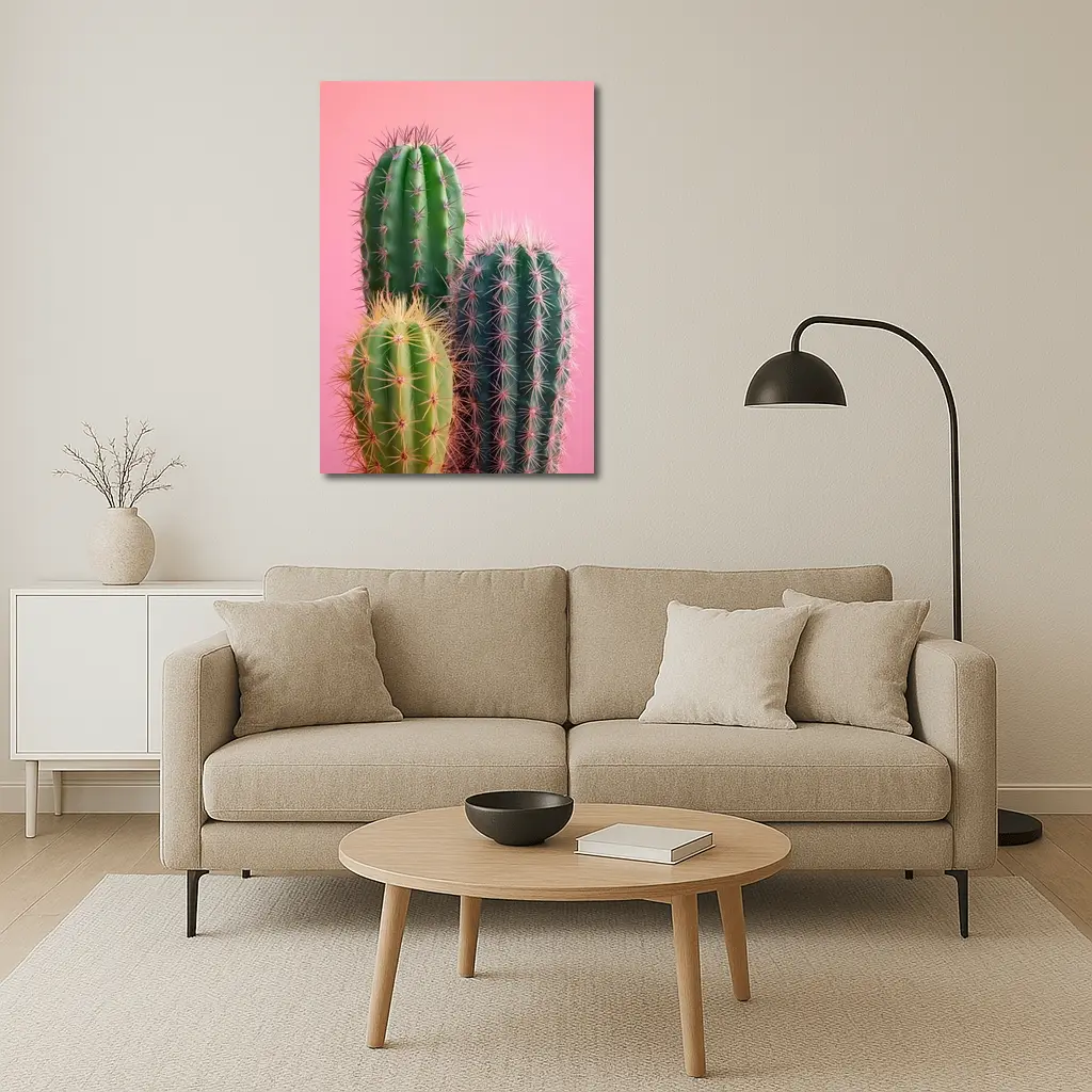 Three Green Cacti on Pink Background – Wall Art