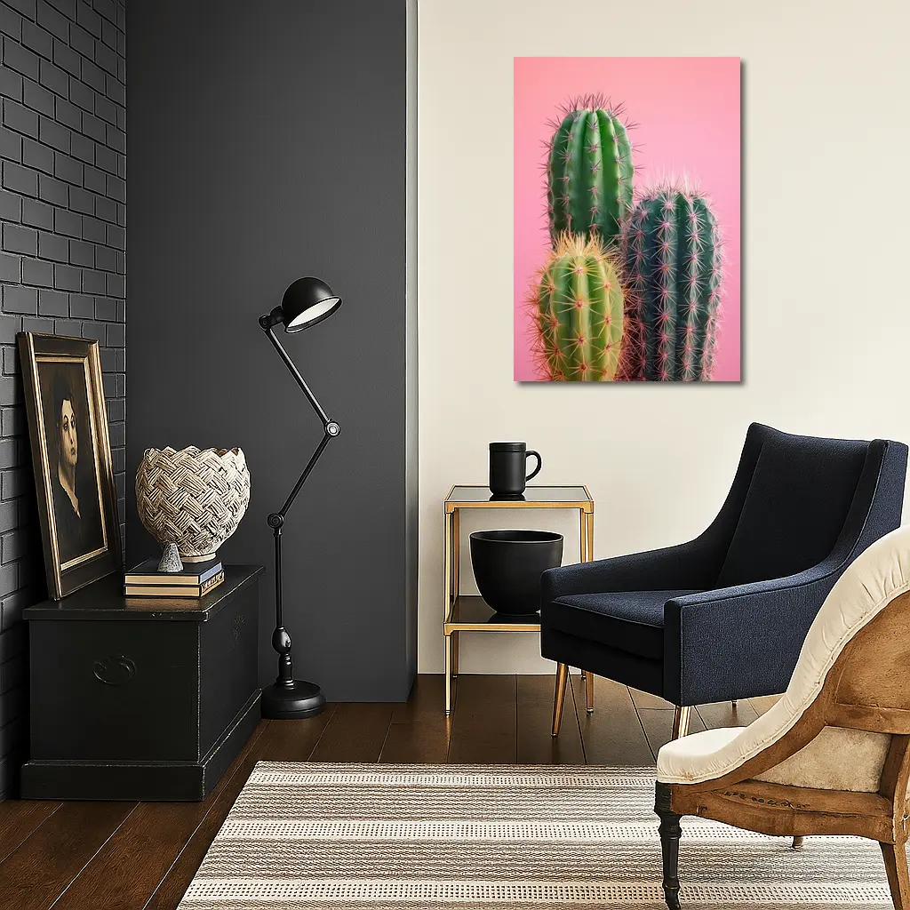 Three Green Cacti on Pink Background – Wall Art