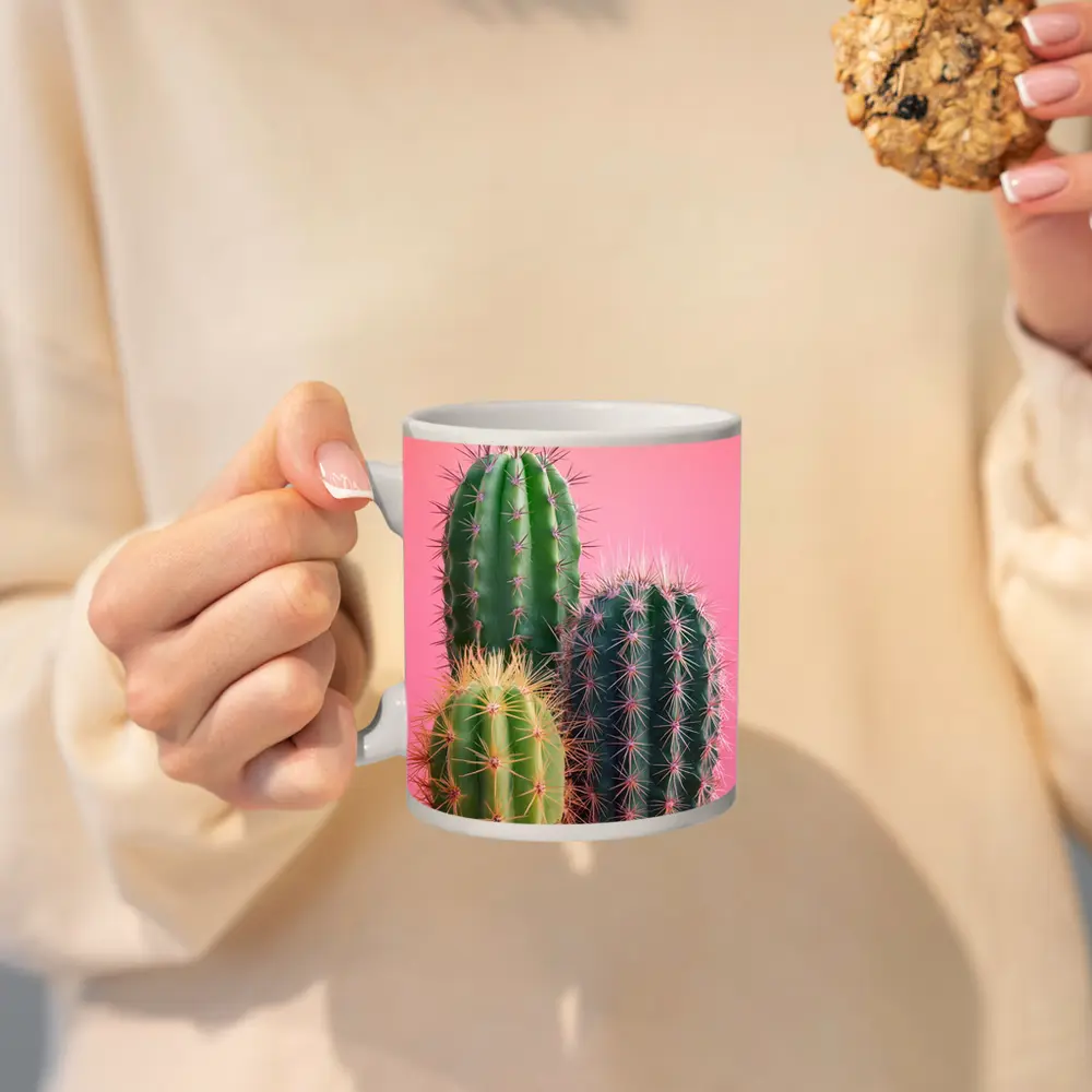 Three Green Cacti on Pink Background – Mugs