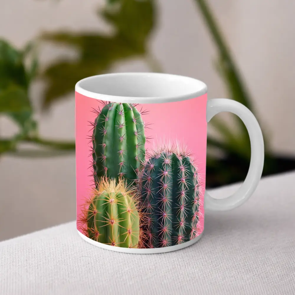 Three Green Cacti on Pink Background – Mugs