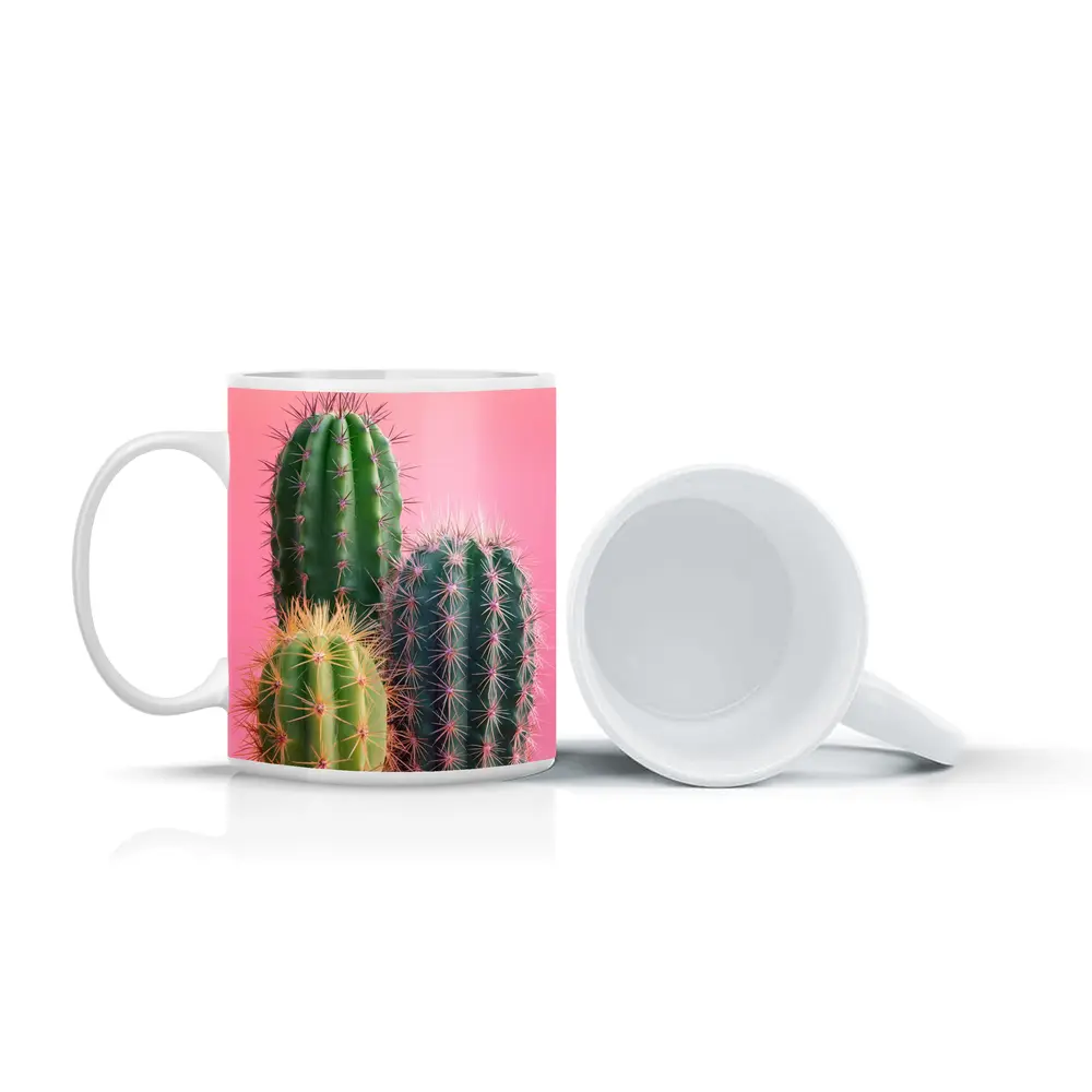 Three Green Cacti on Pink Background – Mugs