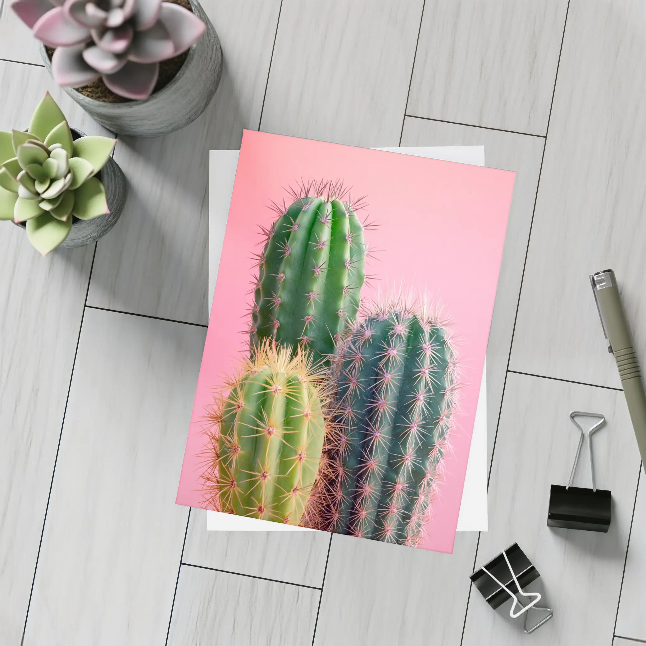 Three Green Cacti on Pink Background – Postcards
