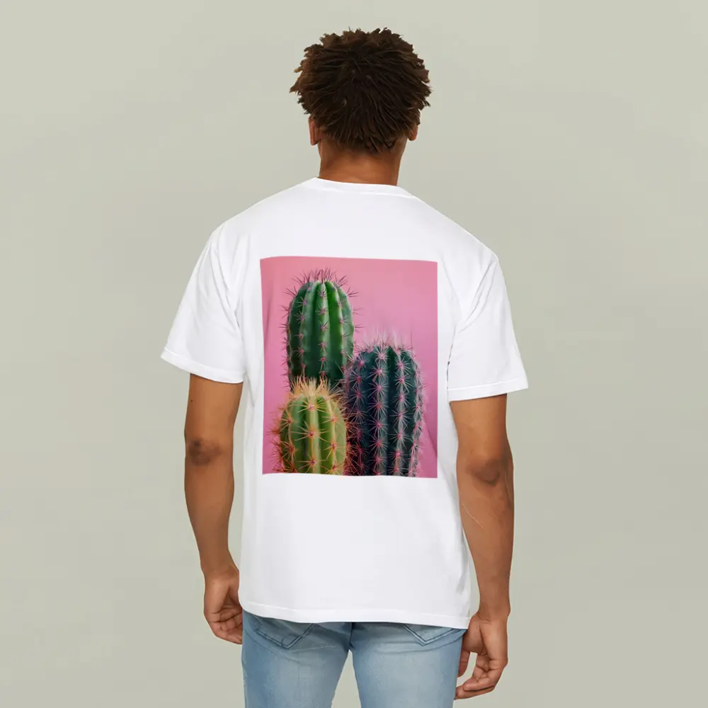Three Green Cacti on Pink Background – T-Shirts