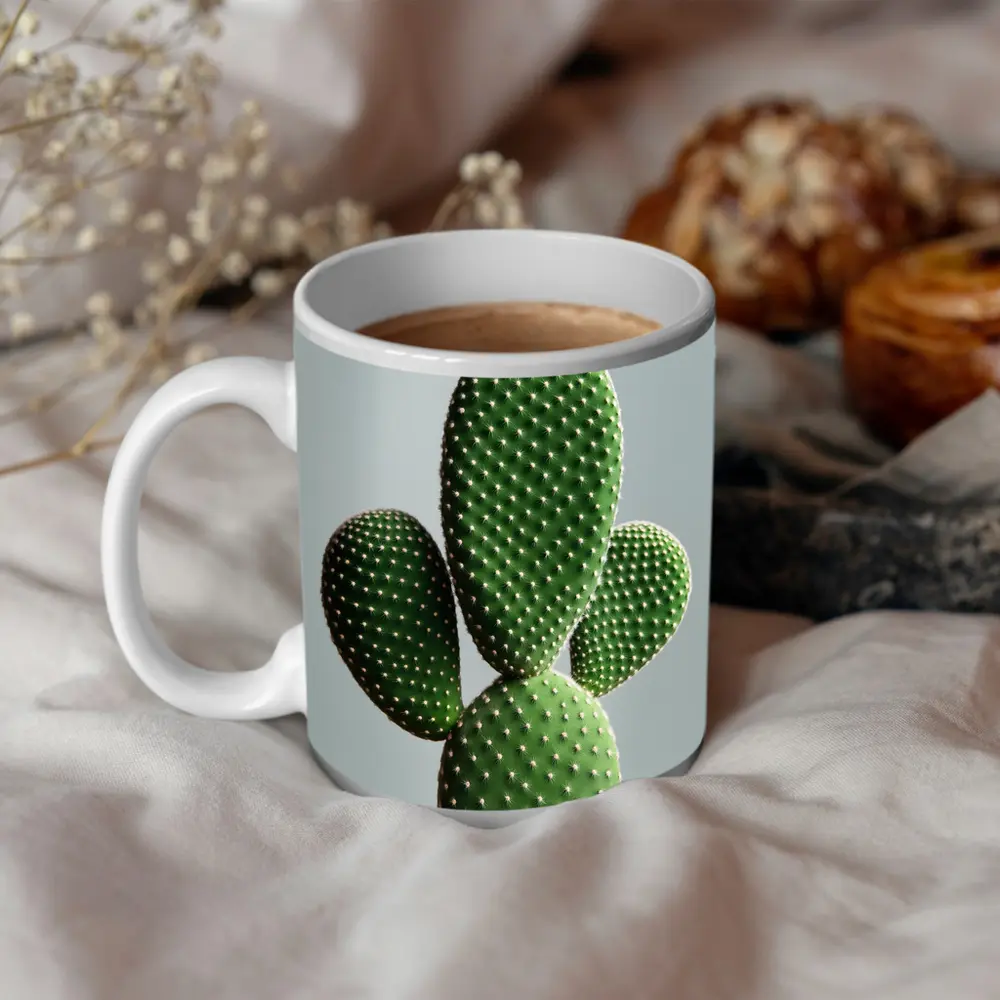 Prickly Pear Cactus on Gray Background – Mugs
