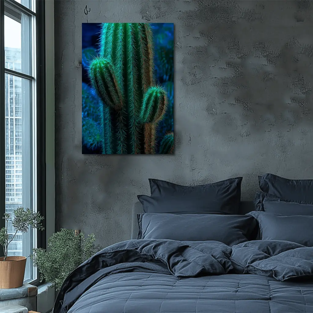 Green Saguaro Cactus Dark Blue Background – Wall Art