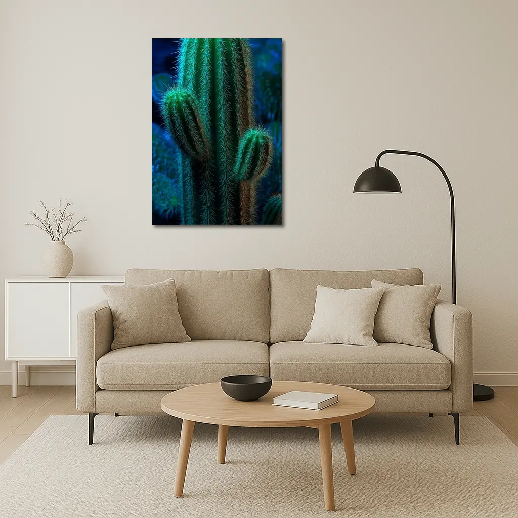 Green Saguaro Cactus Dark Blue Background – Wall Art