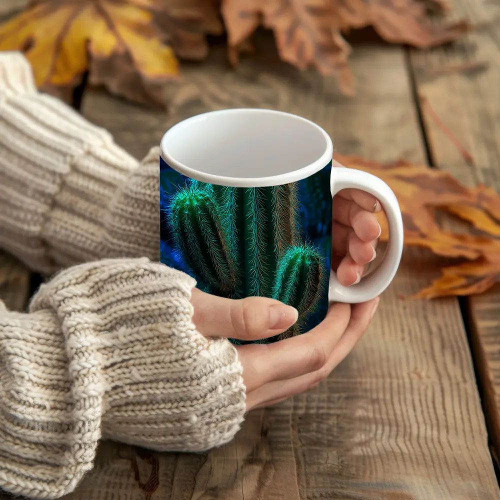 Green Saguaro Cactus Dark Blue Background – Mugs