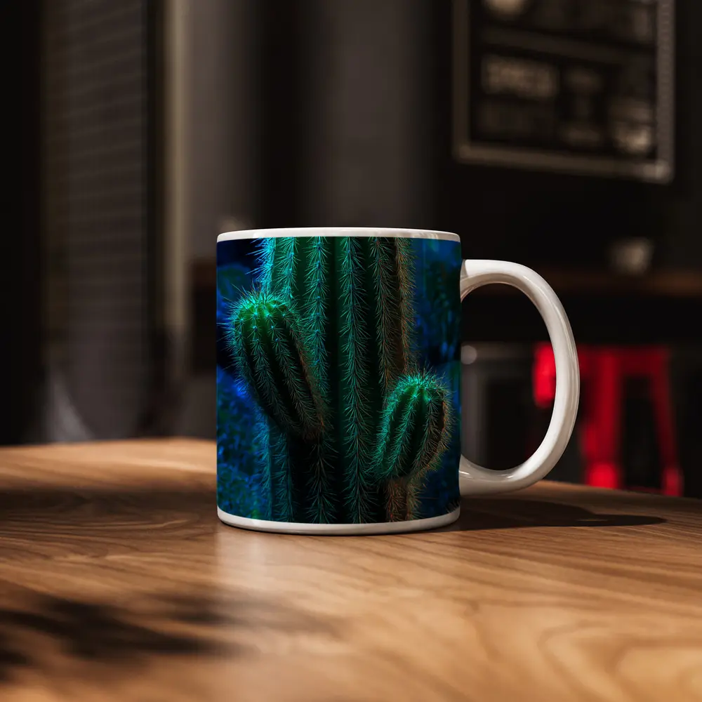 Green Saguaro Cactus Dark Blue Background – Mugs