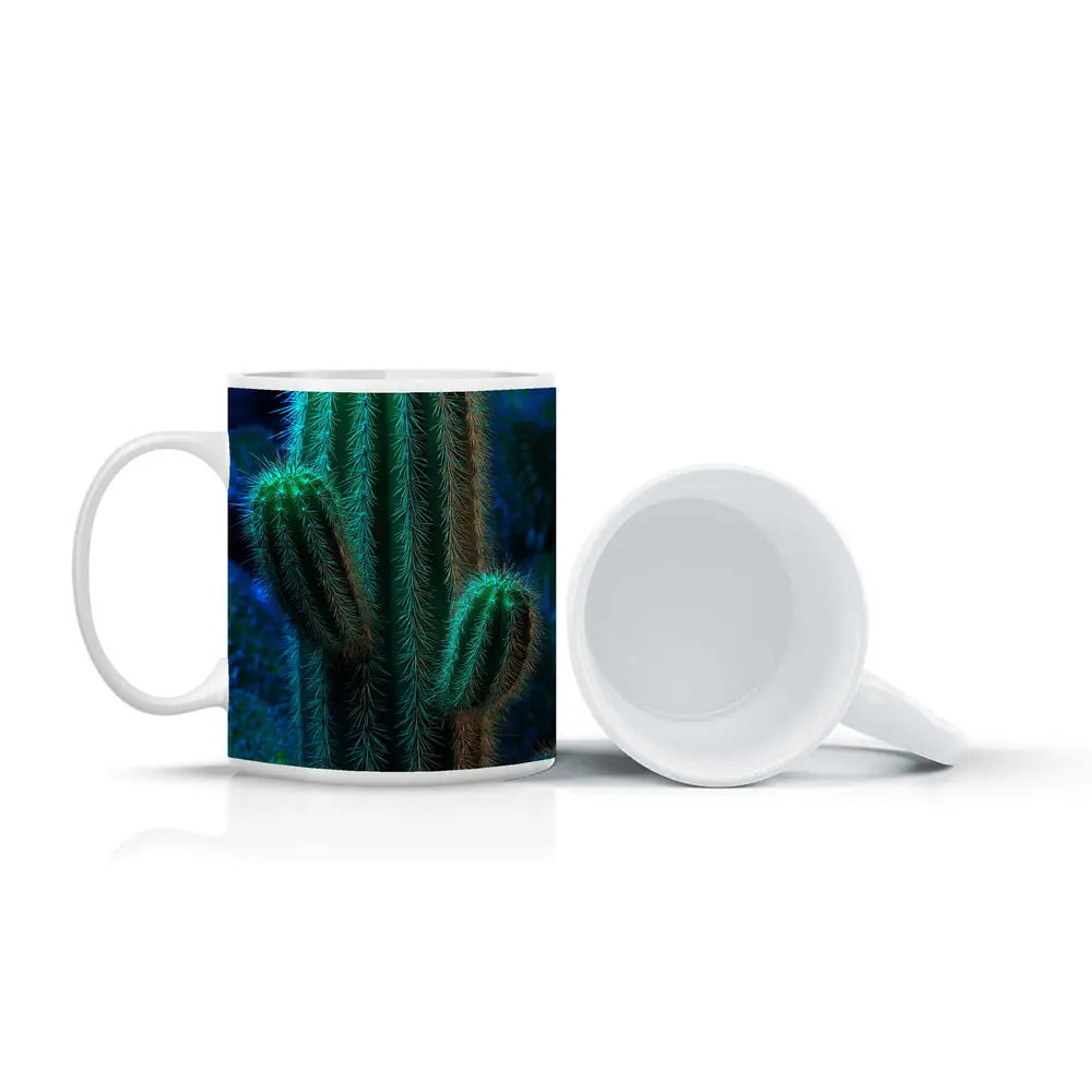 Green Saguaro Cactus Dark Blue Background – Mugs