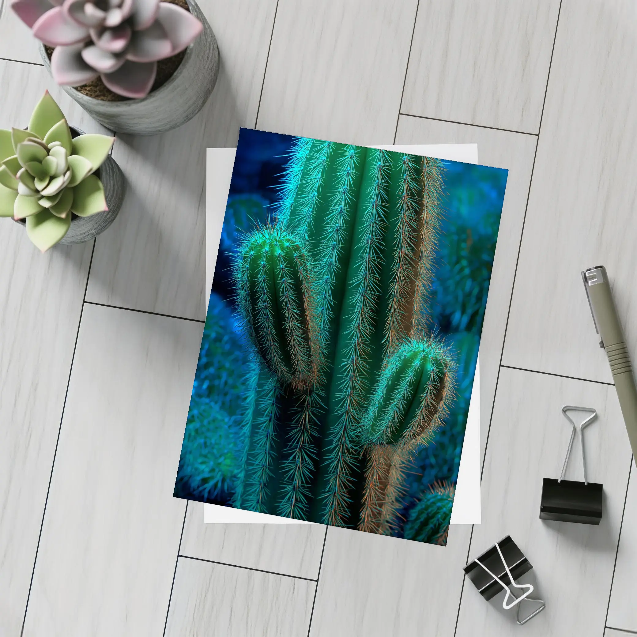 Green Saguaro Cactus Dark Blue Background – Postcards