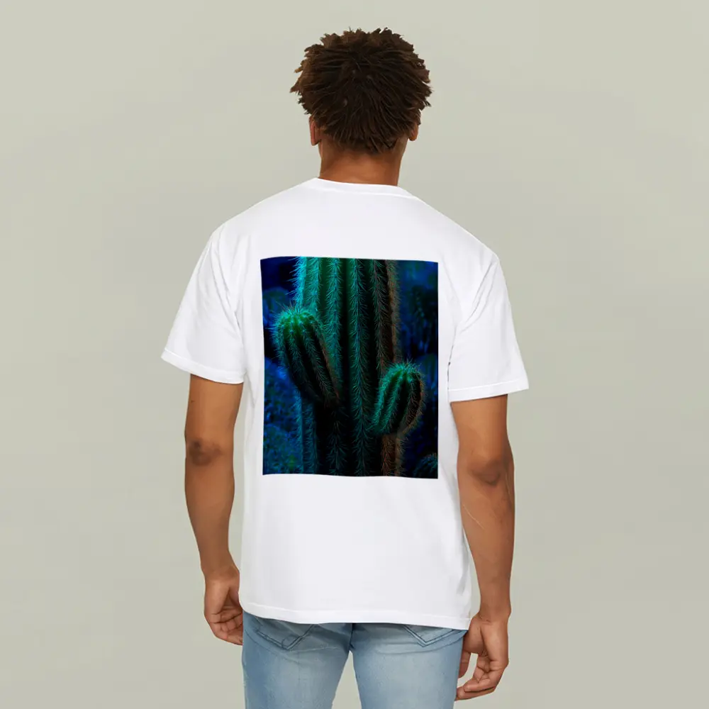 Green Saguaro Cactus Dark Blue Background – T-Shirts