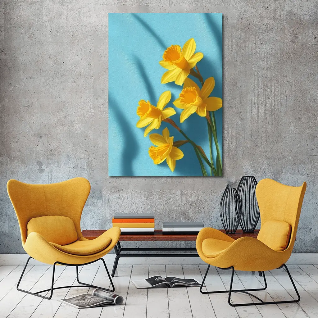 Yellow Daffodils On Light Blue Background – Wall Art
