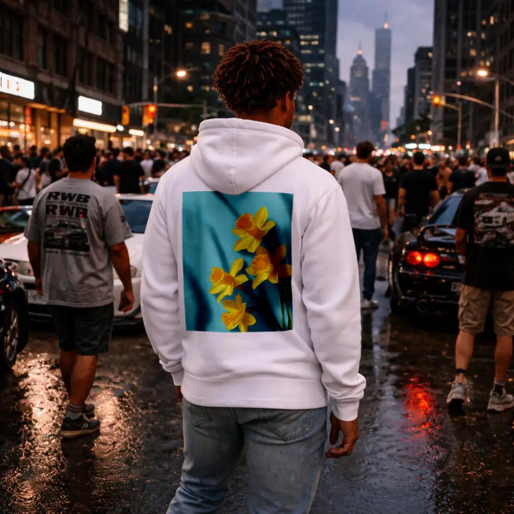 Yellow Daffodils On Light Blue Background – Hoodies