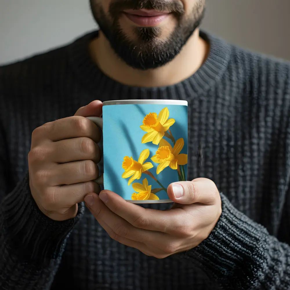 Yellow Daffodils On Light Blue Background – Mugs