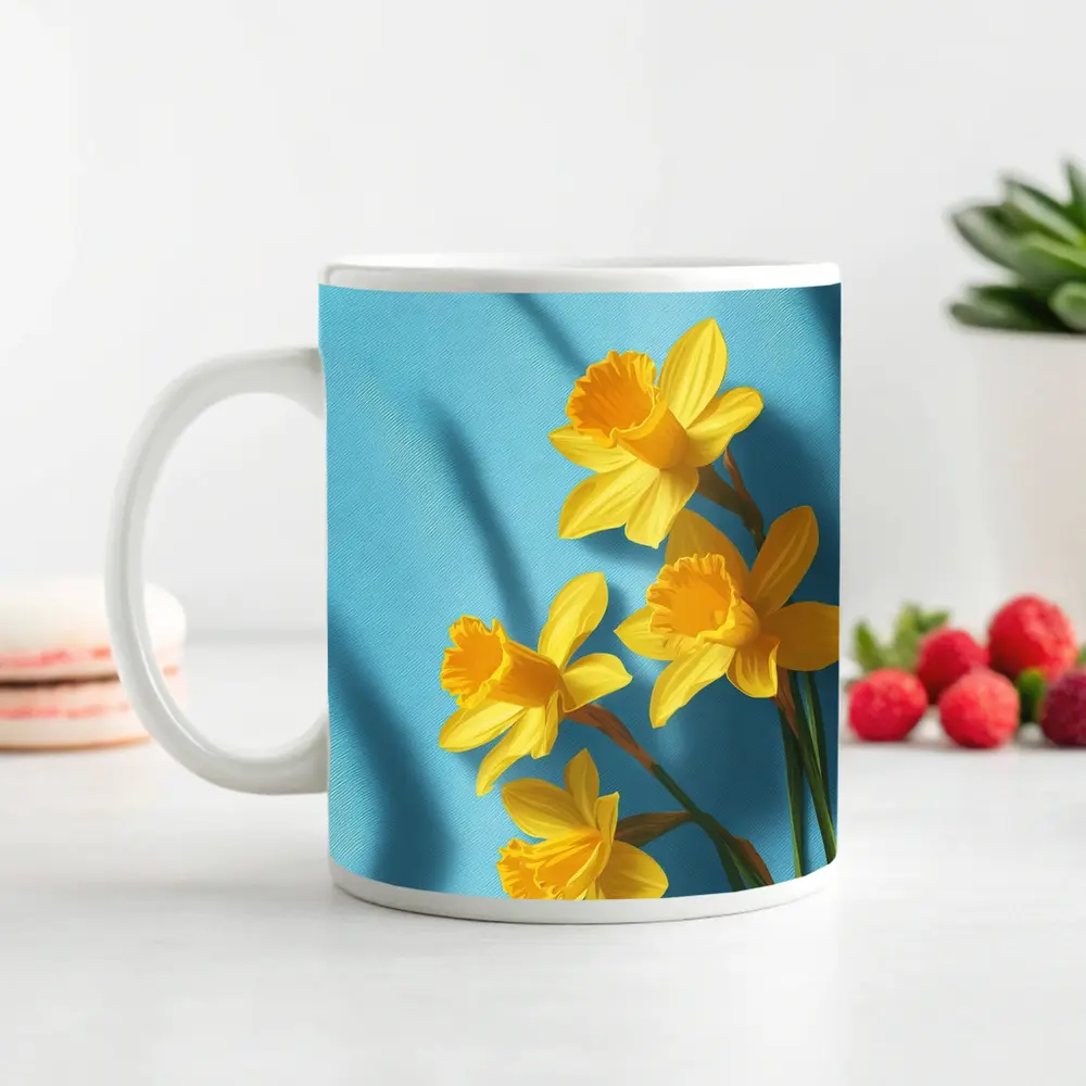 Yellow Daffodils On Light Blue Background – Mugs